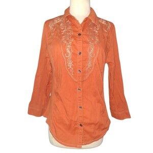 Reba Women's Adjustable Sleeve Western Shirt Orange Button Down Size Medium